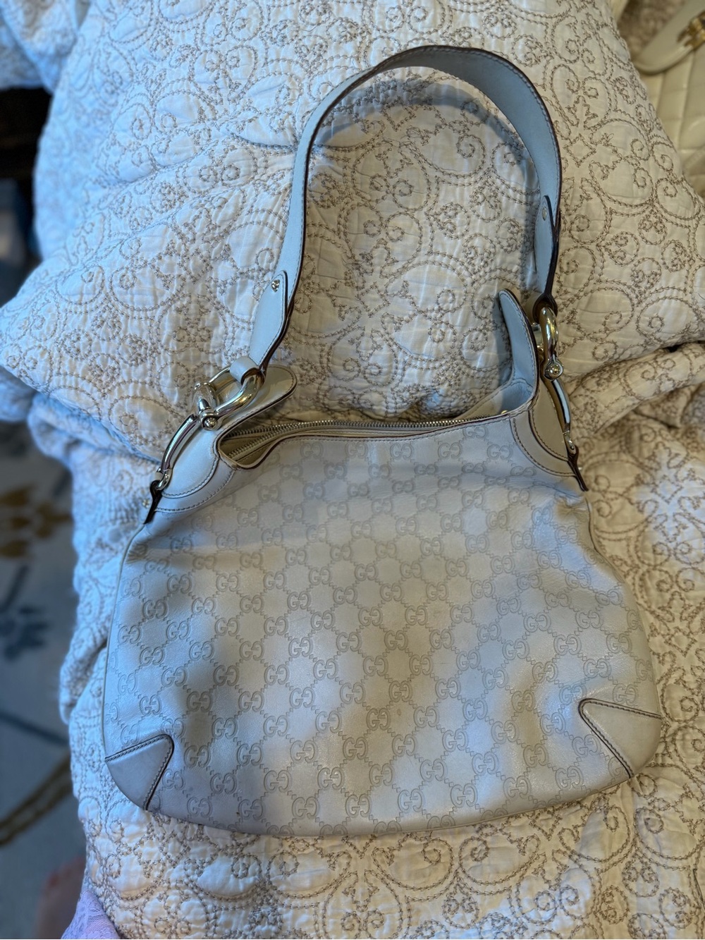 Gucci grayish white  Monogram Shoulder hobo Bag -